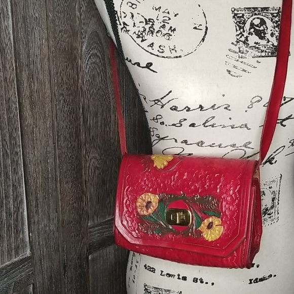Vintage Red leather hand stitched/painted purse
